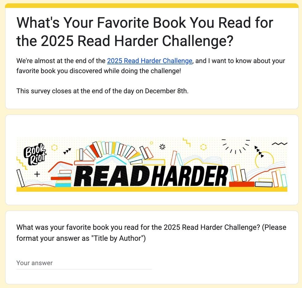 a screenshot of the Read Harder 2025 Favorite Books survey